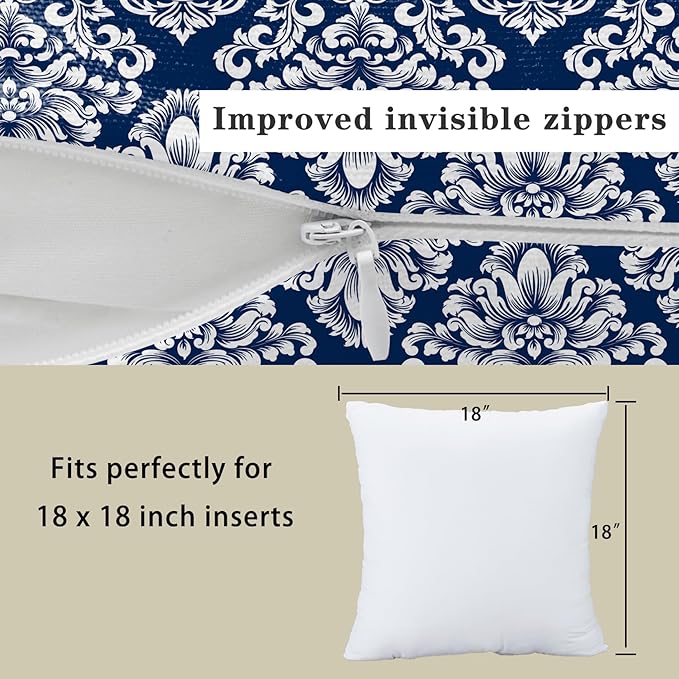 LOVOUS Navy Blue and White Damask Throw Pillow Covers 18x18 Inch Set of 2, Vintage Linen Decorative Pillow Covers for Bed Couch Sofa Bedroom Living Room Home Decor, B14