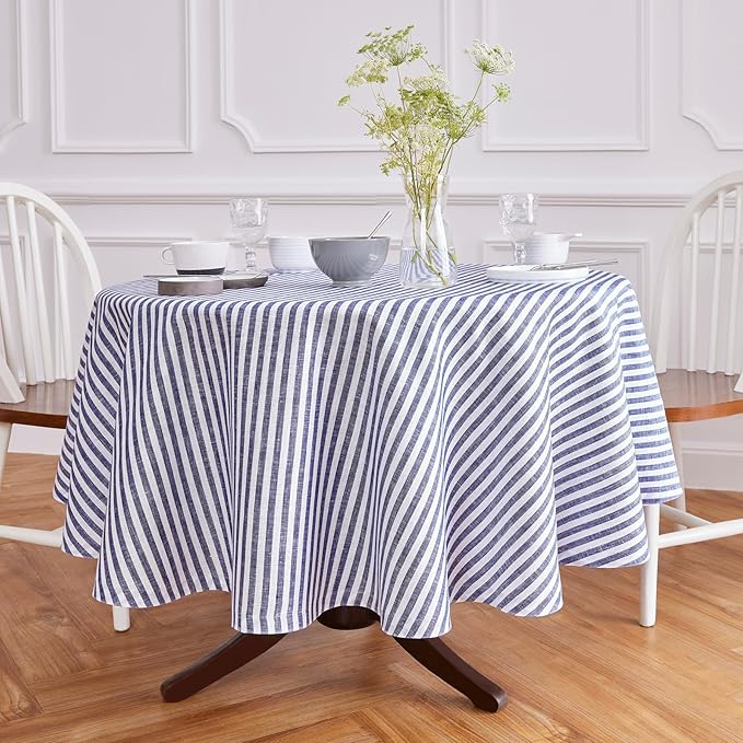 Solino Home Linen 60 Inch Round Tablecloth - Amalfi Stripe, 100% Pure Linen Navy and White Round Tablecloth - Machine Washable Table Cloth for Fall, Autumn, Thanksgiving, Christmas, Winter
