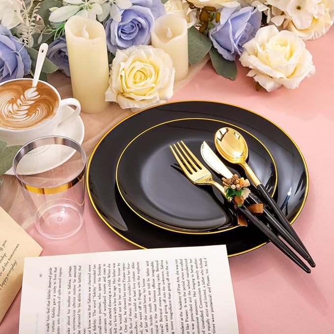 LIYH 180 Pcs Black Plastic Dinnerware Set with Gold Silverware,Halloween Plates, Black Plastic Plates Disposable, Heavyduty Gold Utensils Set for Parties,Halloween Happy New Year 30 Guests