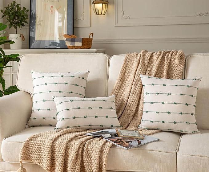 Caflife Boho Throw Pillow Covers 18x18 inches Beige and Green, Set of 2 Modern Farmhouse Decorative Pillow Covers for Couch Bed, Living Room