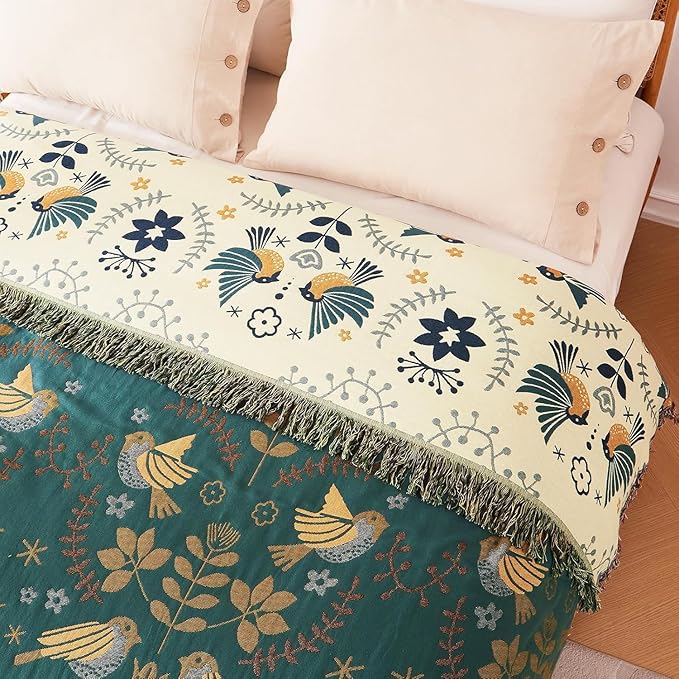 Queen Throw Blanket for Bed 100% Cotton Boho Ultra Soft Quilt Birds and Floral Double Embroidery Fall Queen Bed Blanket Bedspread,90" x 90" All Season Blankets for Bedding Couch