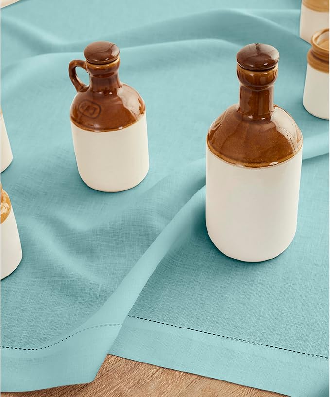 Solino Home Linen Square Tablecloth 52 x 52 Inch - 100% Pure Linen Aqua Blue Table Throw - Classic Hemstitch, Machine Washable Table Cloth
