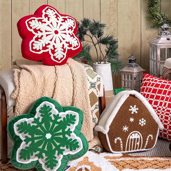 Phantoscope Merry Christmas Snowflake Shaped Throw Pillow, Velvet Xmas Embroidered Snowflake Pillow Decorative Christmas Cushion Pillow for Couch Living Room Bed, Beige, 16 x 16 inches