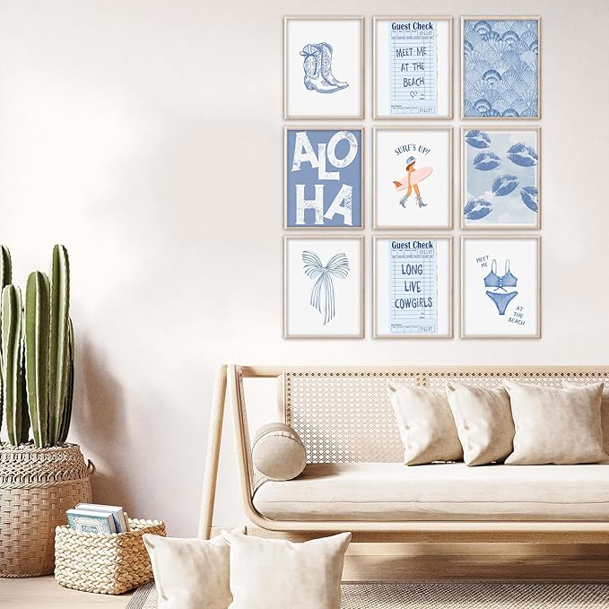 Kizbok Coastal Cowgirl Room Decor, Coastal Granddaughter Room Decor, Blue Surf Up Beachy Wall Decor Preppy Aesthetic Pictures, Trendy Beach Wall Art Boho Cowgirl Posters for Teen Girl Dorm Apartment Decor (Set of 9, Unframed)
