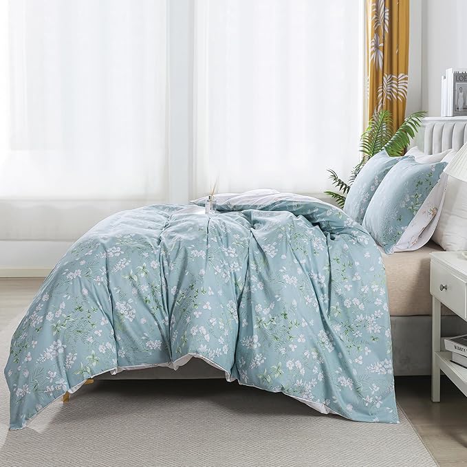 HoneiLife Wildflower Duvet Cover King - 100% Cotton Comforter Cover Sets, Botanical Duvet Cover Sets 3-PC, Floral Bedlinen Set with Zipper Closure & Corner Ties