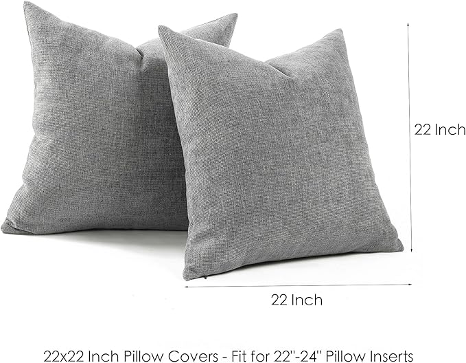 Jepeak 22x22 Inch Decorative Chenille Throw Pillow Covers, Pack of 2 Cozy Concise Pillow Cases Soft Farmhouse Modern Square Cushion Cover for Sofa Couch Bed Home Decor, Gray