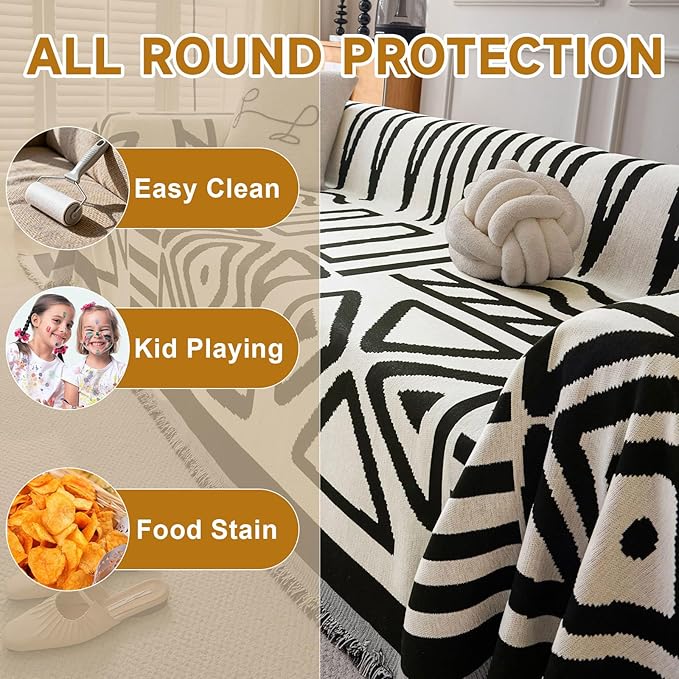 VClife Boho Couch Cover for 3 Cushion Couch Chenille Sofa Cover for Sectional Sofa, Modern White Sofa Slipcover Washable Couch Covers for L-Shape Sofa Reversible Sofa Protector 71''x134''