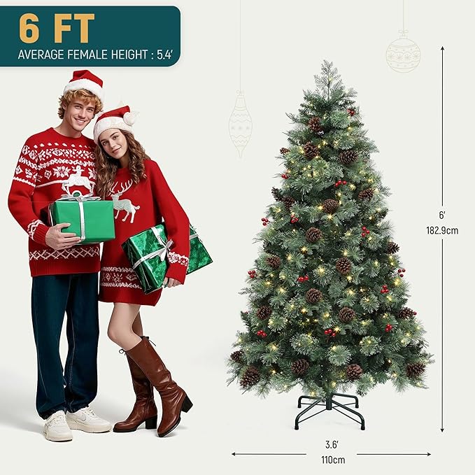 YITAHOME 6ft Prelit Carolina Pine Christmas Tree with Remote, Artificial Green Hinged Christmas Tree w/ 720 Mixed Tips & Pine-Needles, 36 Pinecones, 30 Red Berries, 300 Lights & 11 Modes