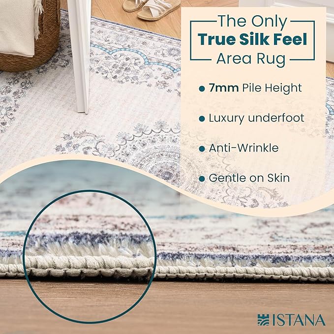 Istana Area Rug 2x4 - White Cream & Blue 2x4 Washable Rug Non Slip - Pet Friendly Living Room Rug - Non Shedding Washable Rugs for Bedroom - Foldable Bathroom Rugs
