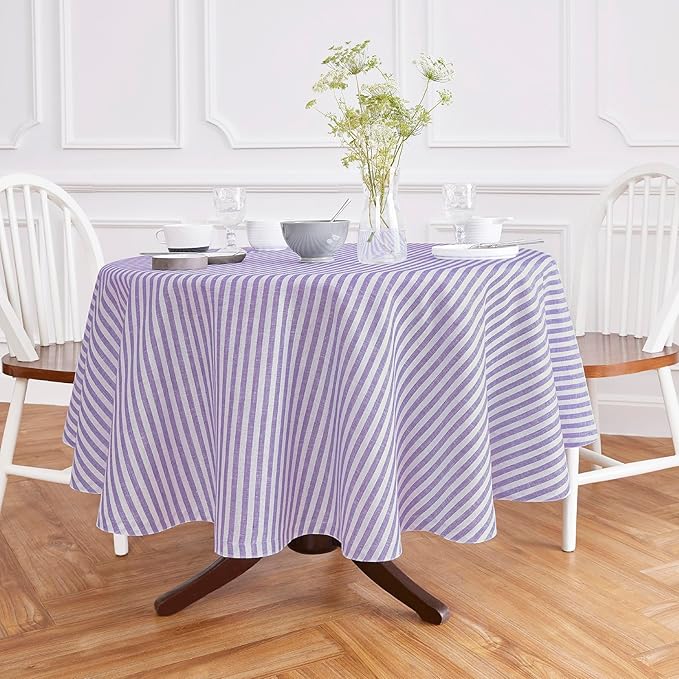 Solino Home Linen Round Tablecloth 70 Inch - Amalfi Stripe, 100% Pure Linen Violet and White Round Tablecloth - Machine Washable Table Cloth
