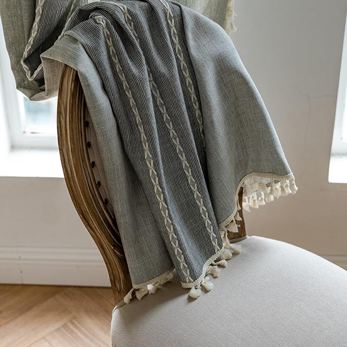 Sutuo Home Boho Curtains for Bedroom Living Room 90 inches Long, Semi Blackout Linen Farmhouse Chic Tassels Window Treatment Bohemian Embroidery Drape, Rod Pocket 1 Panel 52" W x 90" L, Gray Linen