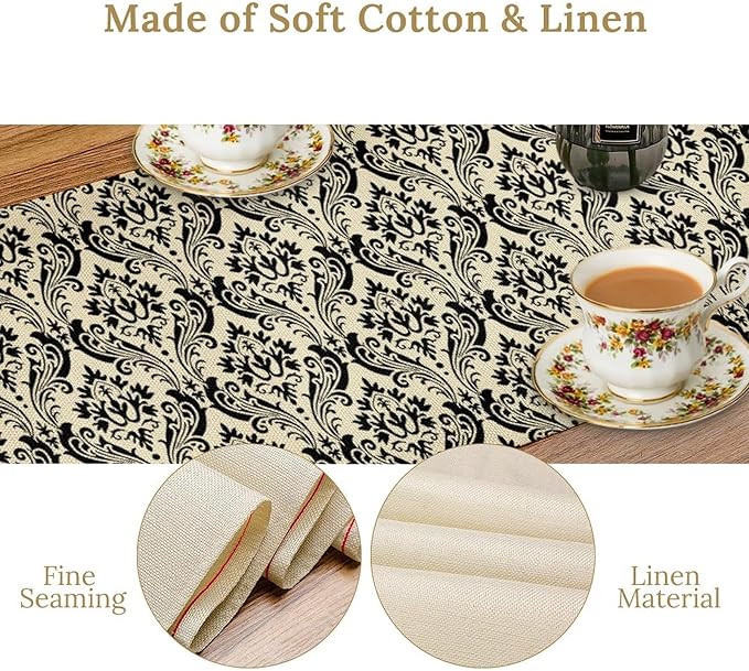 Vintage Damask Pattern Table Runner,Black Beige Textured Table Runner for Kitchen Dining Party Decor 13x120in