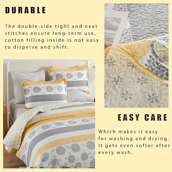 Homzard Quilt Queen Size-Comforter Queen Bedding Set,Yellow Gray White All Cotton Quilted Bedspread, Striped Floral Pattern Quilt Set,Lightweight Paisley 3 Piece,All Seasons