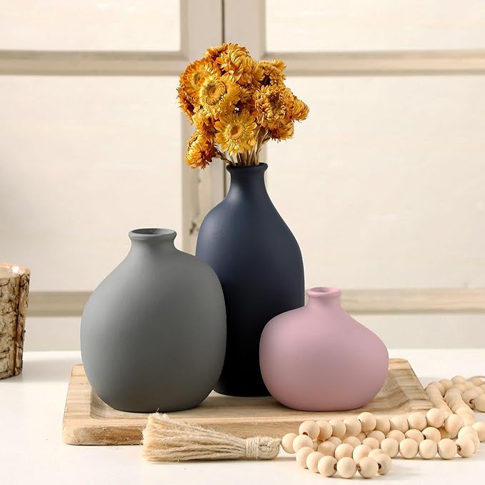Ceramic Vase Set of 3,Decorative Vases Home Decor, Modern Boho Rustic Farmhouse Pottery Vases for Pampas Grass Dried Fresh Flowers,Bedroom,Living Room,Bookshelf, Mantel,Centerpiece Table Decor