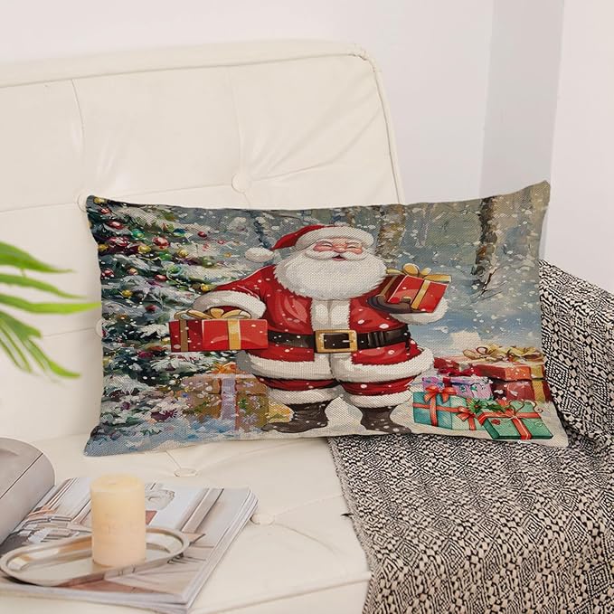 Neatee Living Christmas Pillow Covers 12x20 Set of 4 Farmhouse Xmas Vintage Throw Pillows Christmas Tree Deer Snowman Pillow Cases Outdoor Sofa Couch Cushion Covers for Home Decorations (12 by 20)