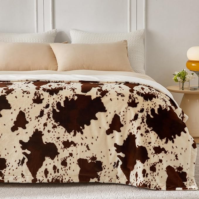 COOVA Faux Rabbit Fur & Flannel Throw Blanket 50x60 Inch - Luxury Fuzzy & Cozy Soft Blanket for All Seasons, Breathable and Comfortable for Bed, Sofa, Couch, and Camping, Cow Print,Brown