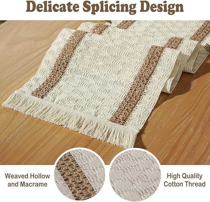 Boho Burlap Macrame Table Runner, Farmhouse Style Cotton Linen Rustic Woven Table Runner with Tassels for Dining, Wedding, Bridal Shower, Bohemian (12x108 inch, Off-White)