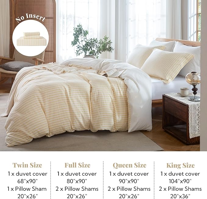 MILDLY Yellow Striped Duvet Cover - 100% Washed Cotton Jacquard Boho Textured Comforter Cover 2pcs with Corner Ties Zipper Closure 68"x90"