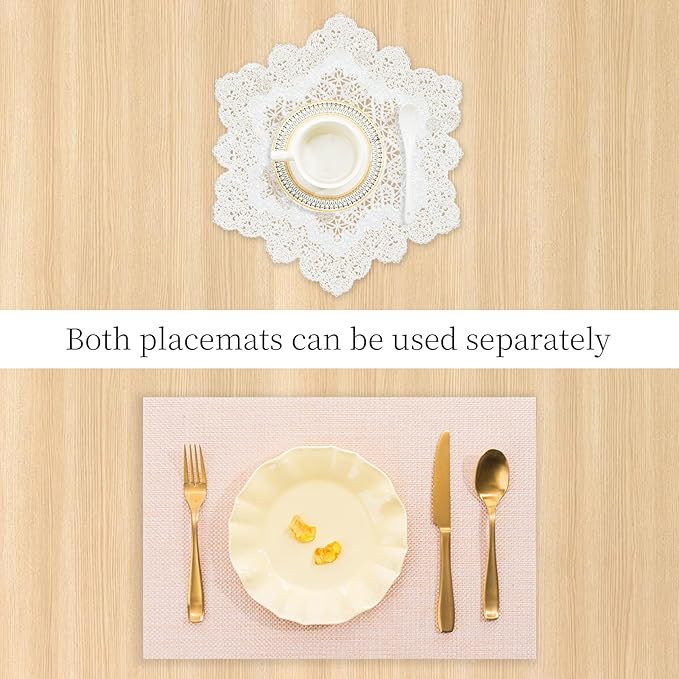 BACKTOEDEN Placemats Set of 4 Heat Resistant Washable Wipeable Placemat Woven Non-Slip Foldable Vinyl/Plastic Place Mats Indoor/Outdoor Mat Kitchen Dining Table Pad, White Snowflake & Pink