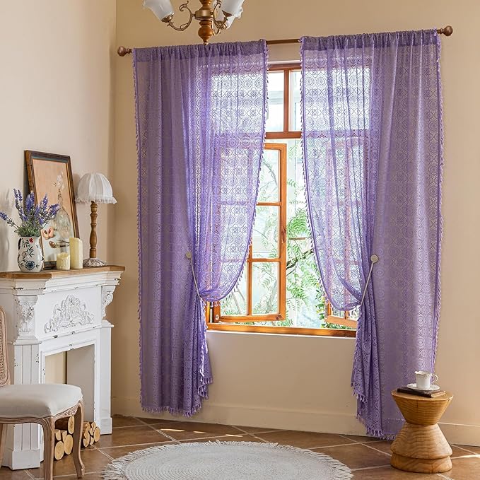 Light Purple Lace Curtains 84 Inches Long 2 Panels Boho Doily Pattern Window Curtain Drapes for Living Dining Room Romantic Light Filtering Lilac Sheer Curtains for Girls Room 59x84 Lavender