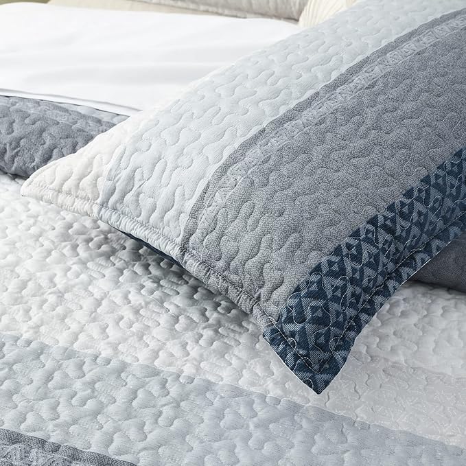 DURLENGEN Striped Quilt Set King Size 3Pcs, Blue & Navy Striped Patchwork Pattern All Season Lightweight Bedspread Coverlet Sets(King 106x96, Blue Patchwork)