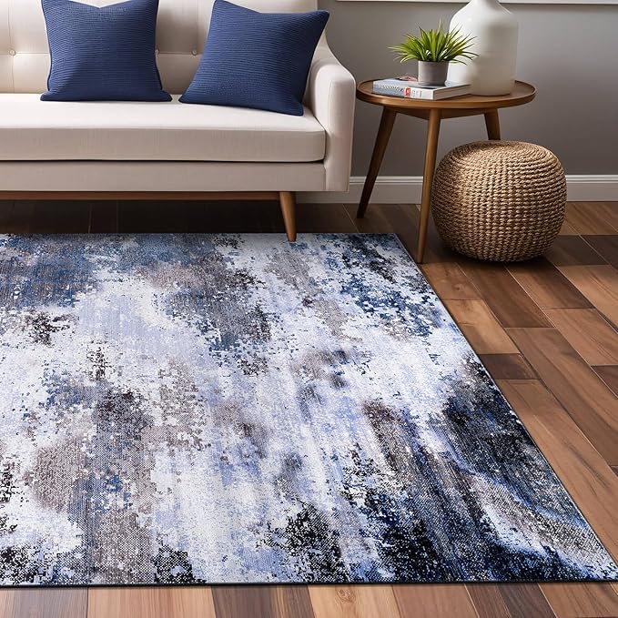 Non Slip Rugs 5x7 Modern Abstract Easy Silk Rubber Backing Soft Area Rug for Living Room Easy to Clean Non Shedding Kitchen for Bedroom Indoor Carpet (Navy - Blue, 5x7)