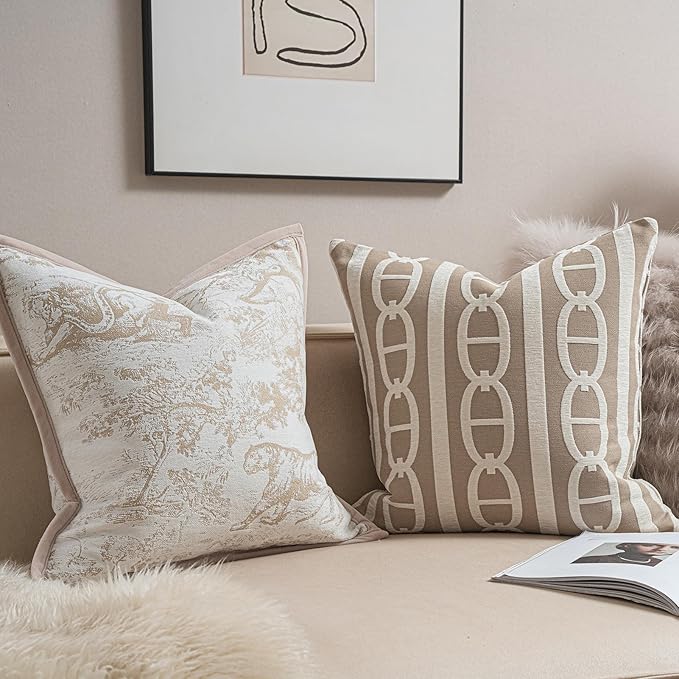 2025 New 22x22'' inches Throw Pillow Cushion Covers - Pignose Horseshoe Beige Color Chenille Jacquard Embroidery Luxury Modern Style Couch Sofa Bed Pillow Cover for Living Room Bedroom