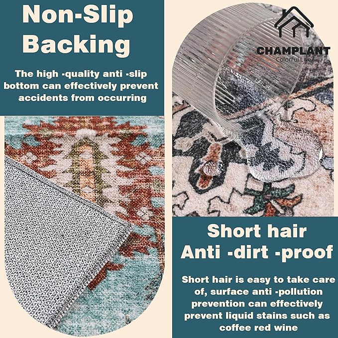 2'x3' Cyan Khaki Area Rug Washable Door Mat Vintage Distressed Doormat Indoor Entrance Traditional Thin Floral Print Non Slip Carpet for Kitchen Bathroom Bedroom Living Room