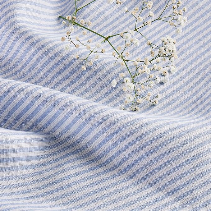 Solino Home Linen Square Tablecloth 52 x 52 Inch - Narrow Stripe, 100% Pure Linen Cornflower Blue and White Table Throw - Machine Washable Tablecloth