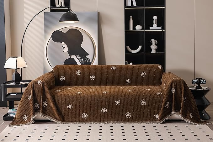 ROOMLIFE Boho Couch Covers Brown for 3 Cushion Sofa, Chenille Couch Cover Sectional Sofa Cover for Dog, Washable Furniture Sofa Protector Cover Soft Blanket with Tassel for Living Room, 71 '' X 134''