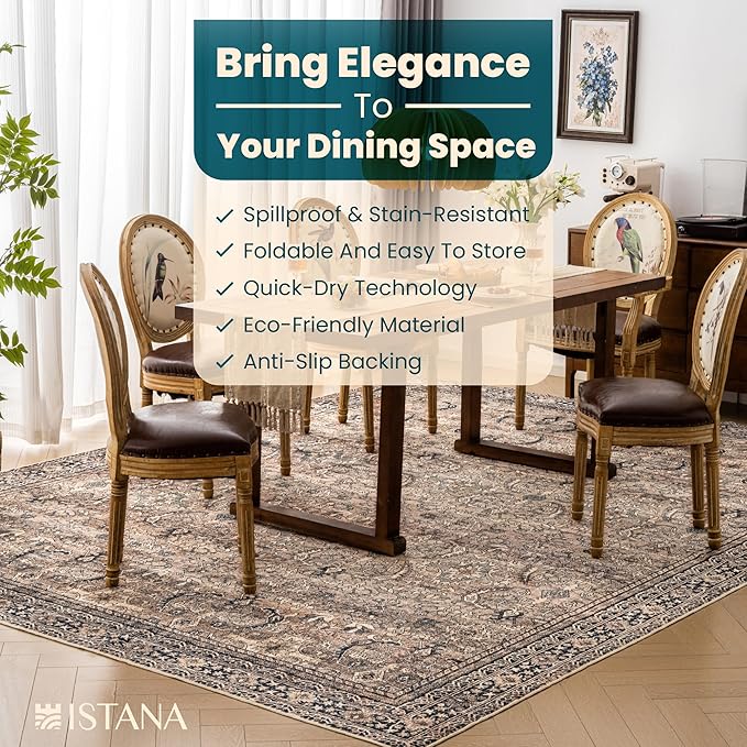 Istana Living Room Rug 10x14 - Olive & Charcoal 10 x 14 Area Rug - Foldable Machine Washable Area Rugs 10x14 10x14 Area Rugs Boho - Stain Resistant Washable Rug 10x14