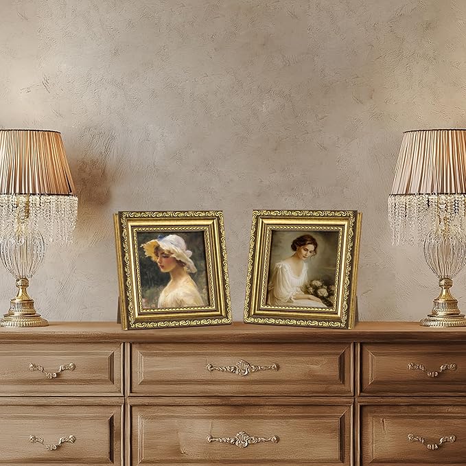 eletecpro 4x4 Picture Frames Set of 2, Ornate Vintage Photo Frame with Glass, Rustic Gold Frames Display 4 x 4 Photo for Tabletop, Gold