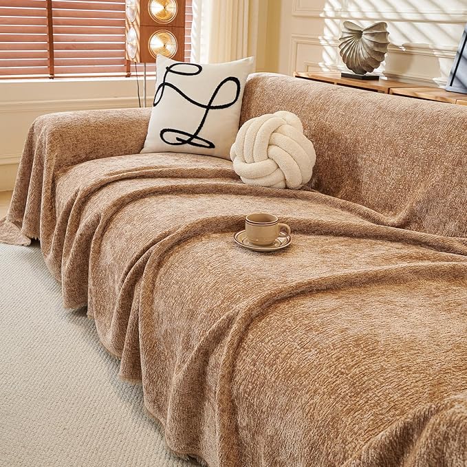 ROOMLIFE Boho Khaki Couch Cover for Dogs, Washable Non Slip Furniture Protector Couch Sofa Covers for 3 Cushion Couch, Soft Chenille Sofa Slipcovers Couch Cover Throw Blanket with Tassels 71''X150''