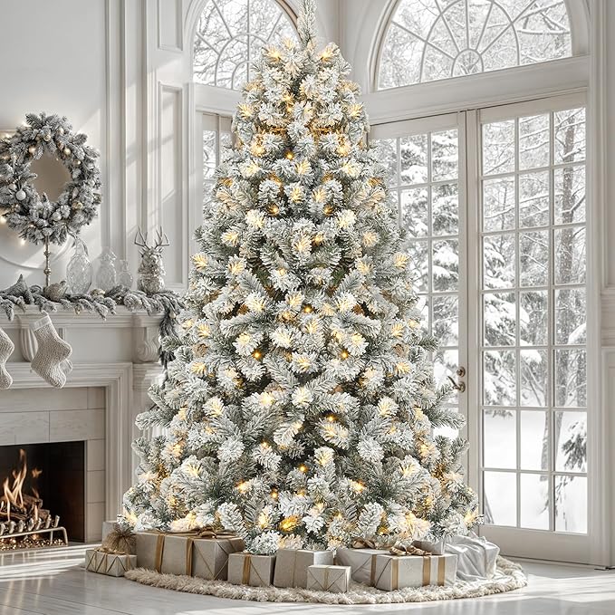 YITAHOME 9ft Prelit Snow Flocked Christmas Tree with Remote, Hinged Pine Christmas Tree with 900 Warm White/Multicolor Changing Lights, 2150 Branch Tips, and Foldable Base for Home, Party Decoration