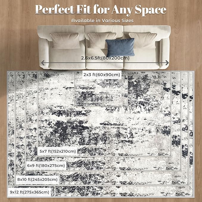 Modern Abstract Area Rug, 9'x12', Machine Washable, Non-Slip, Stain Resistant, Neutral, Soft, Perfect for Living Room, Dining Room, Bedroom, Office (Black)