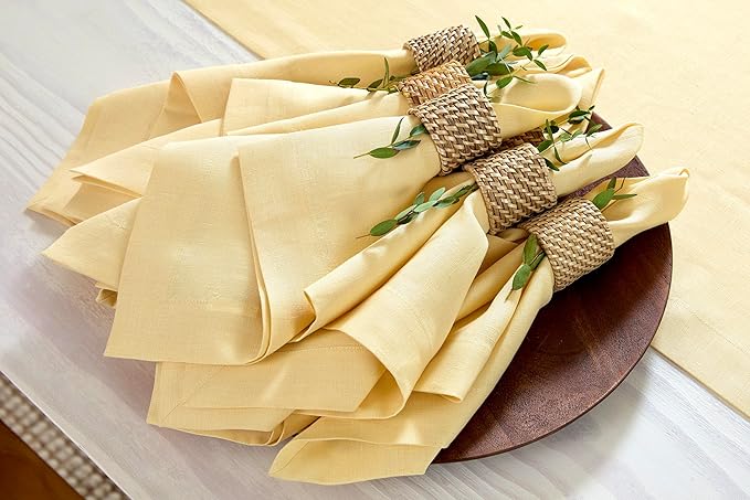 Solino Home Linen Napkins Set of 4-100% Pure Linen Golden Straw Dinner Napkins Cloth 20 x 20 Inch - Fete, Handcrafted and Machine Washable