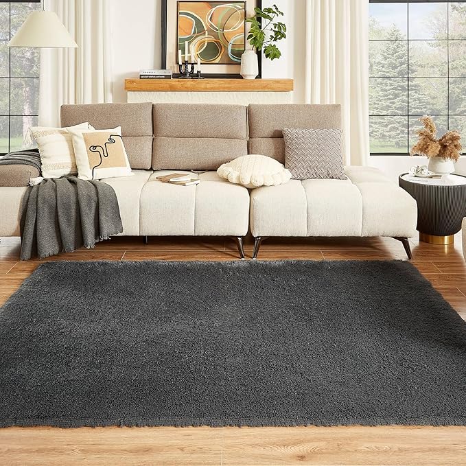 Floralux Bedroom Rugs 6x9, Dark Grey Shag Area Rug, Ultra Soft Fluffy Furry Carpet for Bedroom, Non-Slip Indoor Floor Carpets for Kids Boys Girls Dorm, Nursery, Home Decor Aesthetic