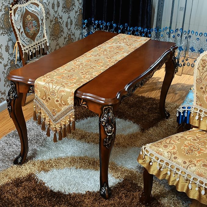 Luxury Velvet Gold Table Runner 108 Inches Long with Vintage Damask Jacquard Design for Dining Room,Living Room,Home Decor,Elegant Beaded Tapestry,Lining ( (Gold, 13×108 inch)