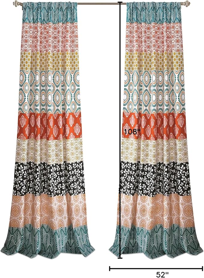 Lush Decor Bohemian Stripe Window Curtain Panels, Pair 52" W x 108" L Turquoise & Orange - Light Filtering Curtains for Bedroom - Boho Curtains - Maximalist Decor