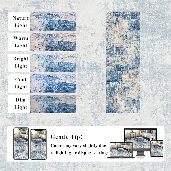 2x6 Modern Abstract Rug Washable Area Rugs for Living Room Bedroom Dining Room Non-Slip Low Pile Neutral Large Rug Soft Indoor Floor Carpet, Blue