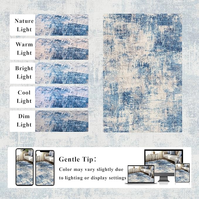 2x3 Modern Abstract Rug Washable Area Rugs for Living Room Bedroom Dining Room Non-Slip Low Pile Neutral Large Rug Soft Indoor Floor Carpet, Blue