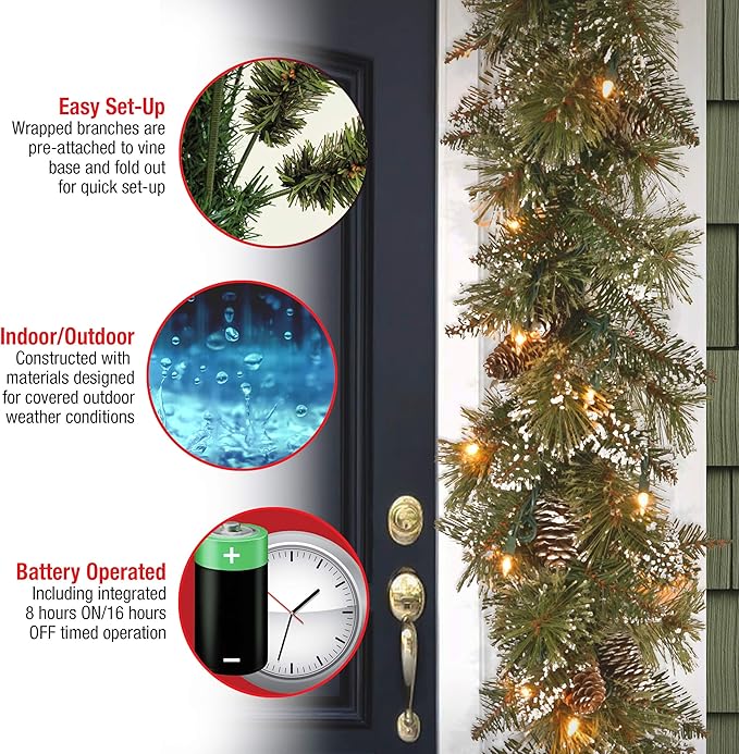National Tree Company Pre-Lit Artificial Christmas Garland, Green, Glittery Bristle Pine, White Lights, Decorated with Pine Cones, Battery Operated, Christmas Collection, 6 Feet