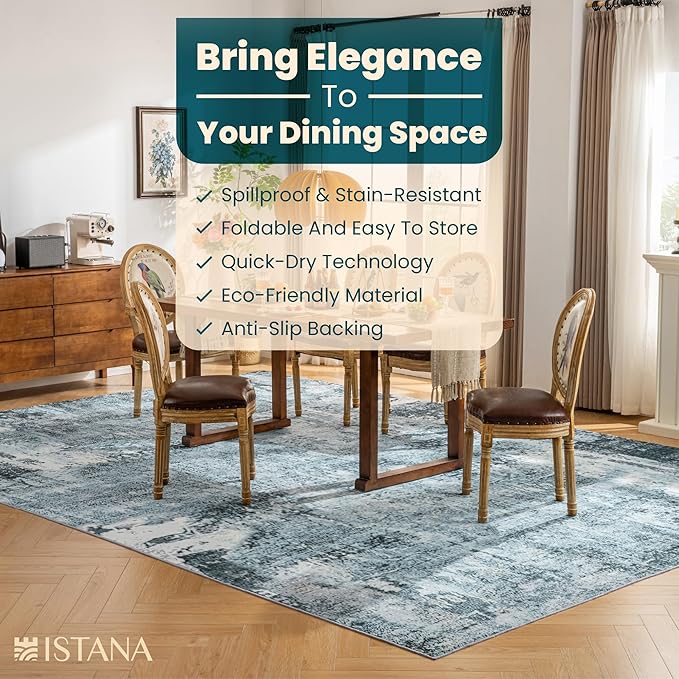 Istana Living Room Rug 10x14 - Blue 10 x 14 Area Rug - Foldable Machine Washable Area Rugs 10x14 - Stylish 10x14 Area Rugs Boho - Stain Resistant Washable Rug 10x14