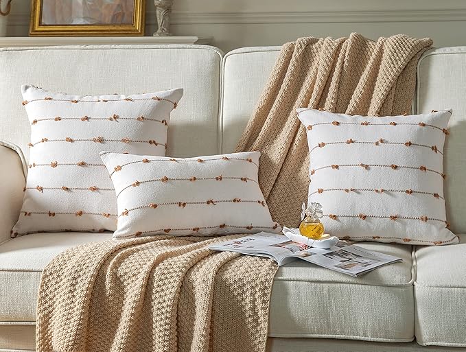 Caflife Boho Throw Pillow Covers 12x20 inches Beige and Brown, Set of 2 Modern Farmhouse Decorative Pillow Covers for Couch Bed, Living Room