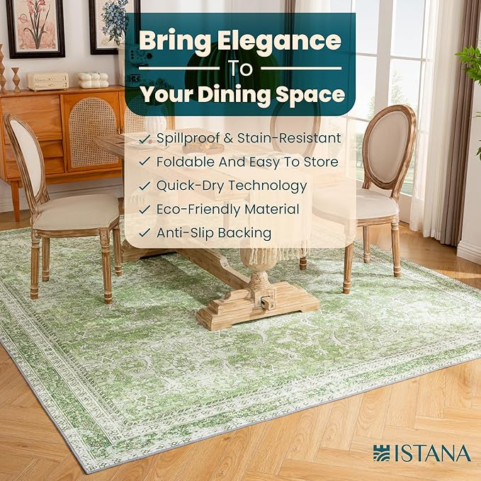 Istana 8x10 Area Rug - Light Green 8x10 Rugs for Living Room - Foldable Rugs for Bedroom - Stain Resistant Washable Rug - Eco-Friendly Area Rugs - Easy to Clean Living Room Rug