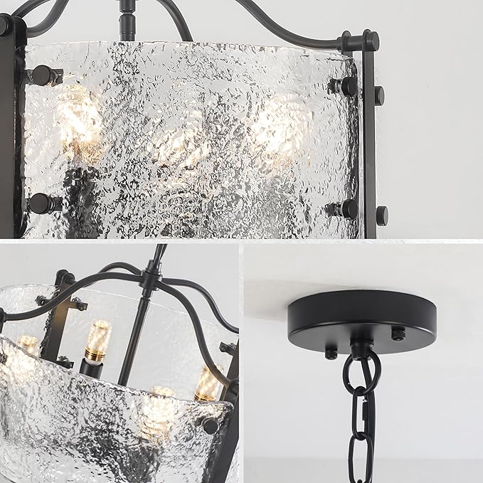 16.1" Black Glass Drum Chandelier - 4-Light Farmhouse Pendant Light Modern Round Ceiling Light Fixture with Adjustable Hanging Chain for Dining Room, Kitchen, Living Room, Foyer, Entryway