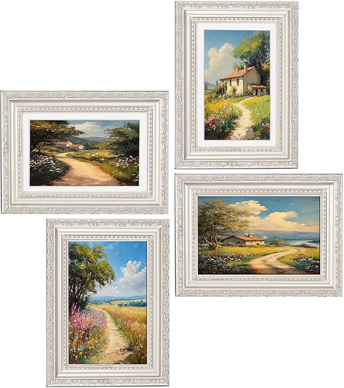 eletecpro 4x6 Picture Frames Set of 2, Vintage Photo Frames with Glass, Display 3.5x5 Photo with Mat or 4x6 without Mat for Tabletop or Wall Decor, Silver Beige