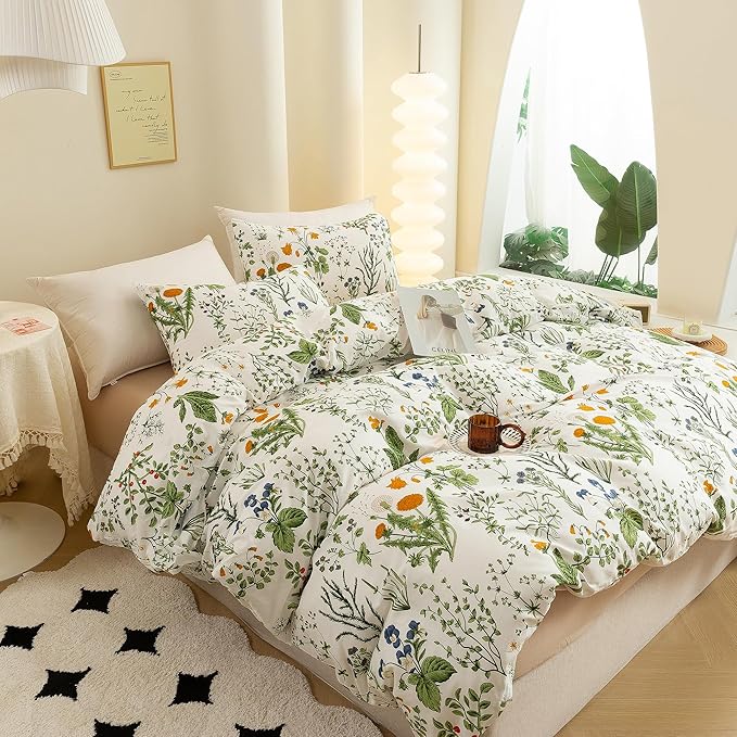 ECOCOTT Floral Duvet Cover Sets Queen Size,3 Pieces 100% Natural Cotton Floral Pattern 1 Duvet Cover with Zipper and 2 Pillowcases, Ultra Soft and Easy Care Breathable Cozy Simple Style Bedding Set