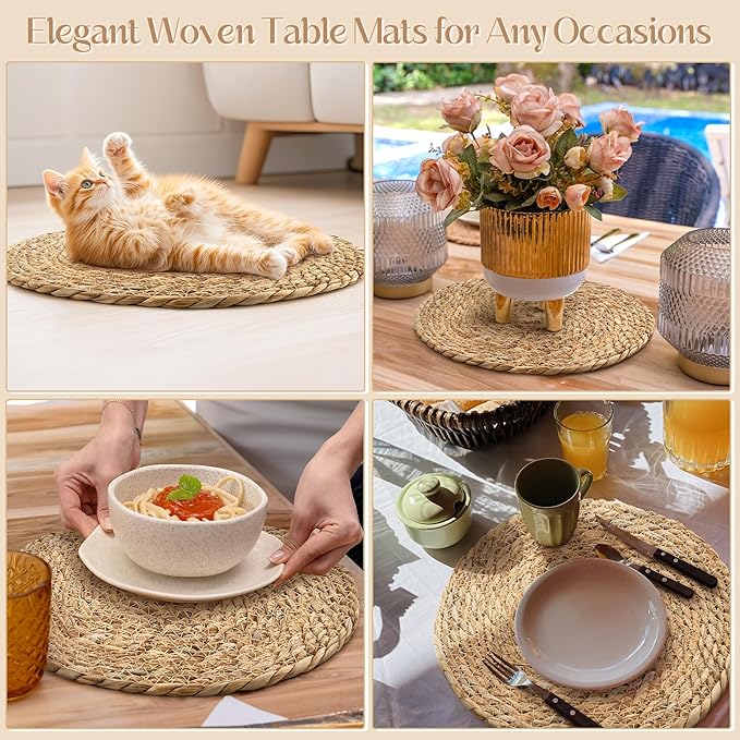 Aneco 24 Pack 13.8-Inch Round Woven Placemats Natural Hand-Woven Boho Rattan Wicker Bulrush Placemat Farmhouse Rustic Braided Table Mats for Dining & Kitchen Decor