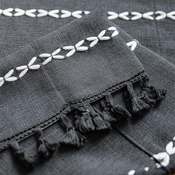 Sutuo Home Boho Valance Curtain 18 inches for Kitchen Cafe Dining Room, Short Farmhouse Vintage Tassels Window Treatment Bohemian Stripe Embroidery Drape, Rod Pocket 1 Panel 52" W x 18" L, Black